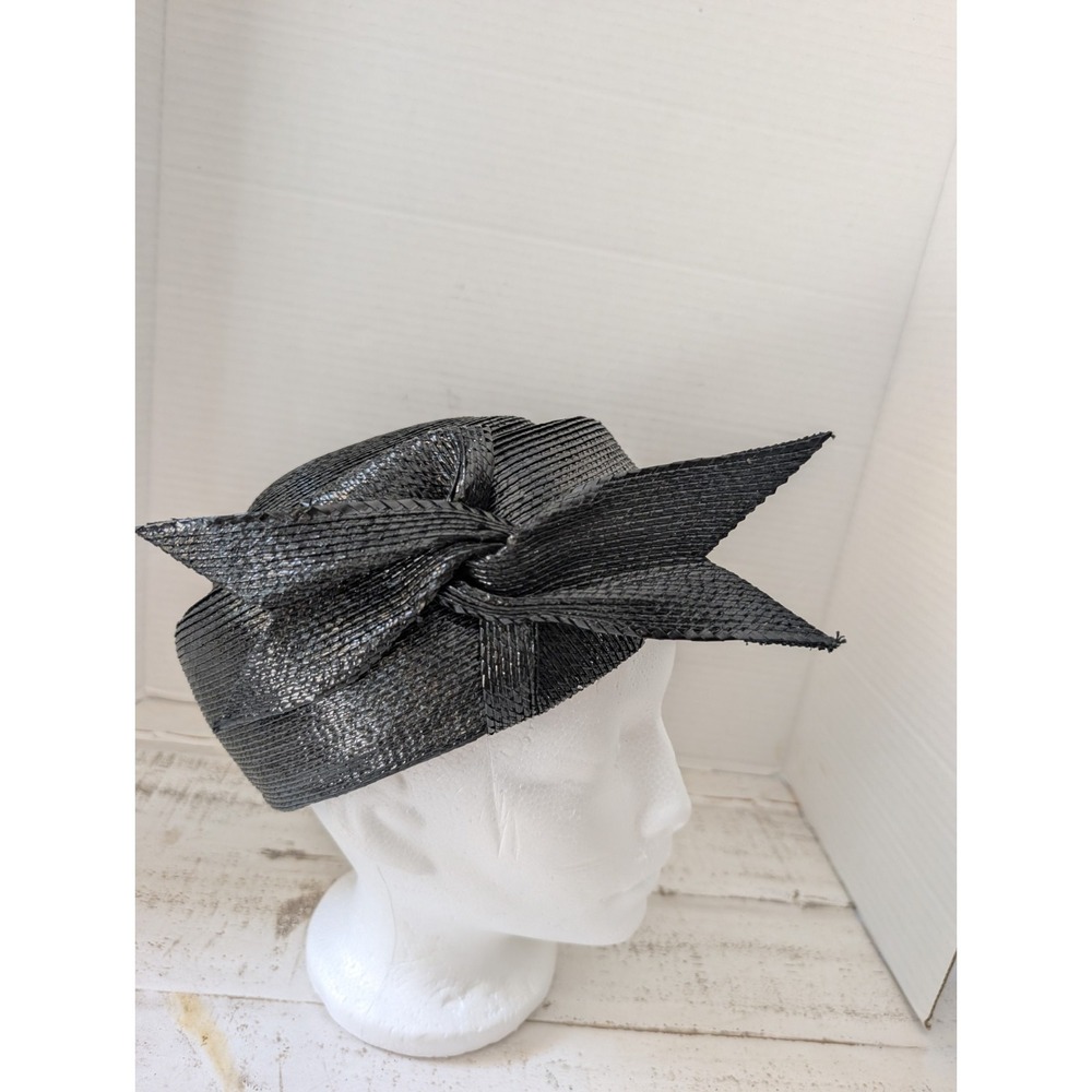 Vintage 1950s-60s Deborah Exclusive Black Pillbox Hat w/Side Bow One Size